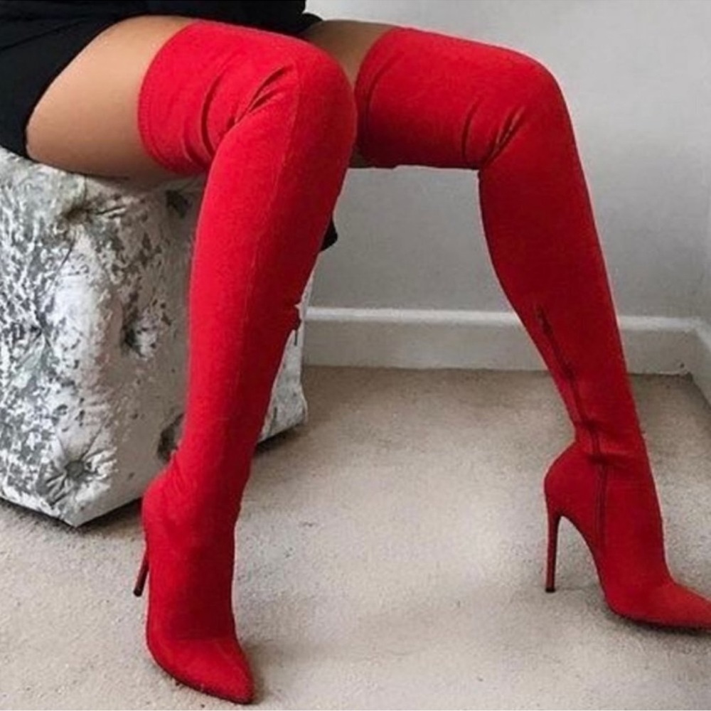Red Suede Over-The-Knee Boots Tall Boots Stiletto Pumps Heels New